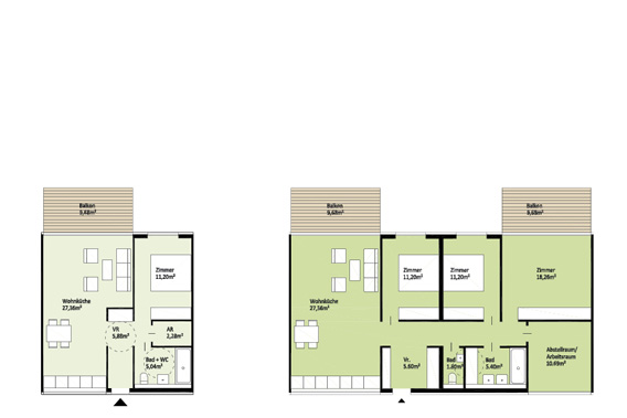 Wohnungstypen: 2-Zimmer-Wohnung (hofseitig, 52m²), zur 4-Zimmer-Wohnung zusammenschaltbar